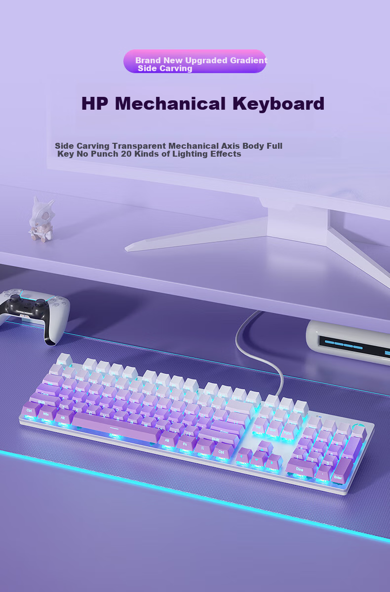 HP Mechanical Keyboard, Wired for Office And Gaming, Desktop And Laptop Use, Side-Engraved Gradient Purple And Blue Switches, 104 Keys 1