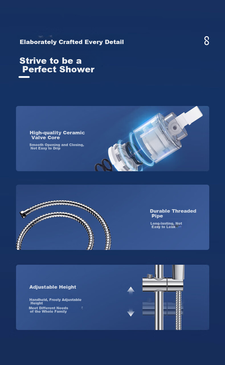 MICOE Shower Head Set, A31 Series, Brass Body, Pressure-Boosting Bathroom Shower System, Complete Set of Silver Shower Heads 11