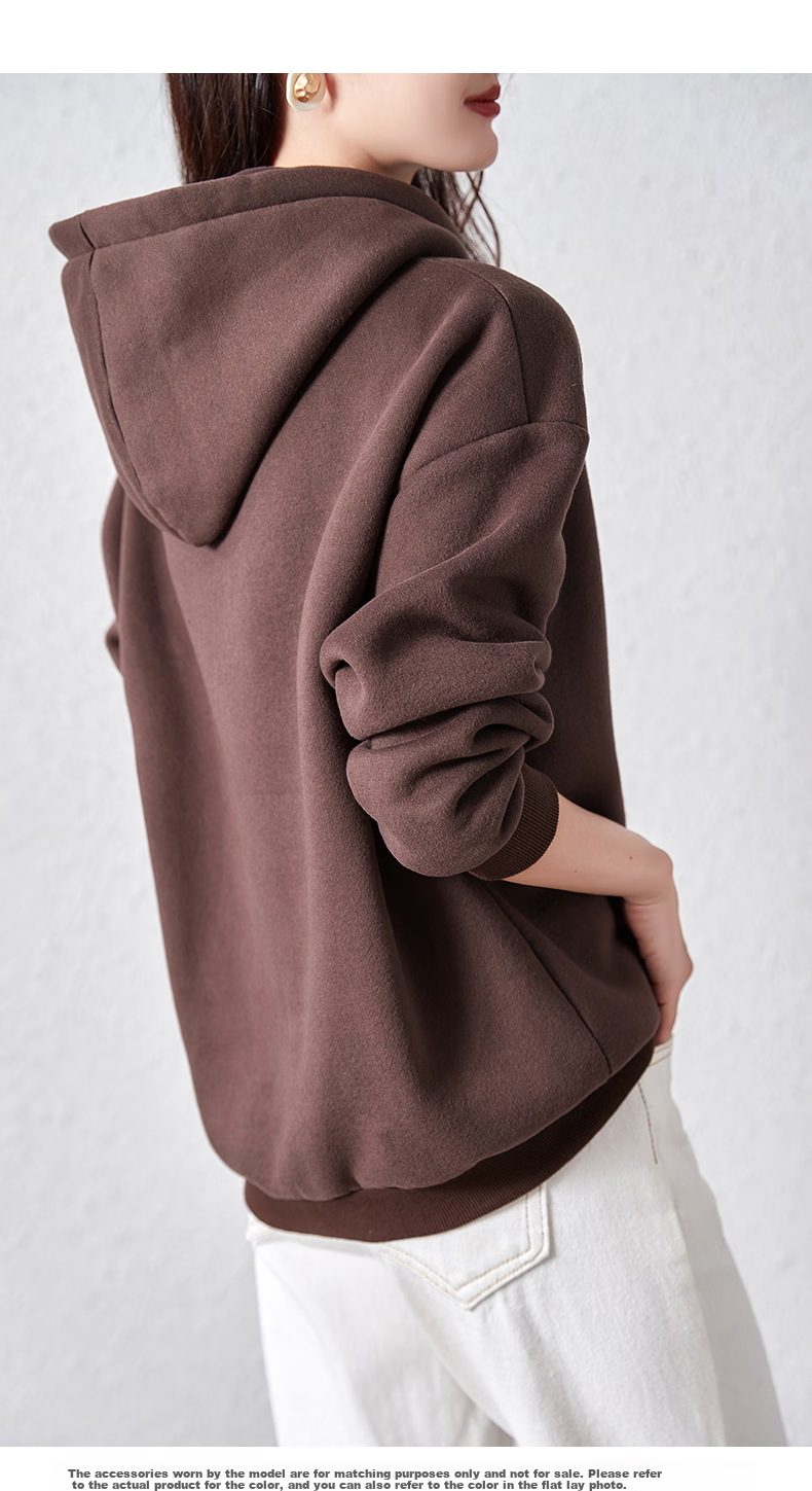 DME Hooded Sweatshirt for Women, Loose Fit, Lightweight Spring Style, Petite Pullover High-End Women's Wear, Coffee Color, Size S 3