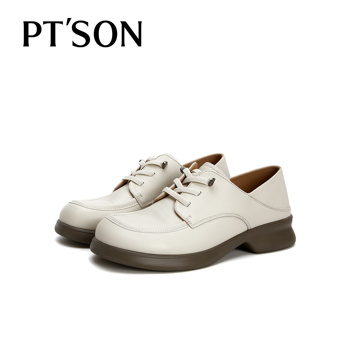PT'SON Top-Grain Leather Deep-Mouth Flats, 2026 Autumn Retro British Style Leather Shoes, Thick-Soled Height-Increasing Women's Shoes, Beige