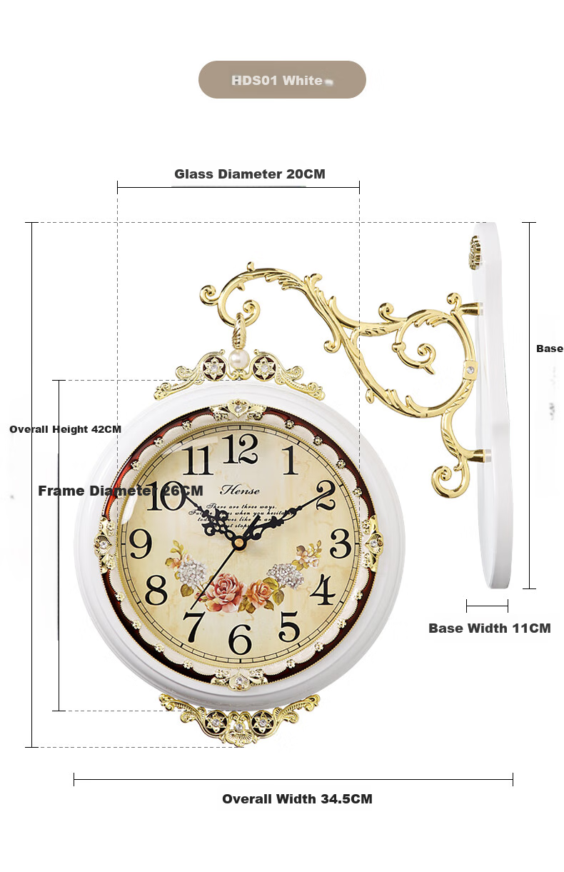 Hense Double-Sided Wall Clock, Living Room Wall-Mounted Clock, Creative Light Luxury Decorative Wall Clock, Quartz Clock HDS01 White 42cm 8