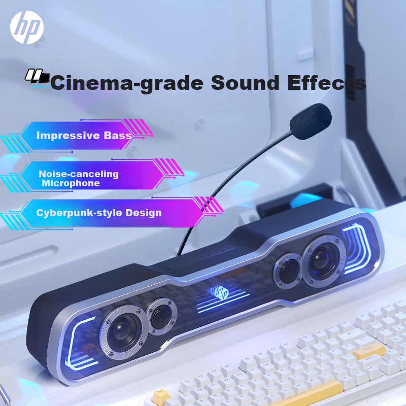 HP Desktop Bluetooth Speaker, Long Bar Desktop Laptop Home Gaming Subwoofer Speaker Abyss Black with Microphone, Gift for Me