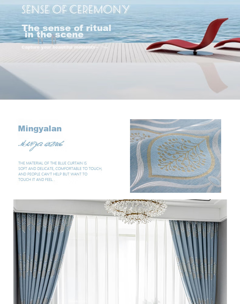 Ali Living Room Bedroom Blackout Curtains, Bamboo Cotton Jacquard Blue Hook Style, 2.0m Wide * 2.2m High Single Panel 11