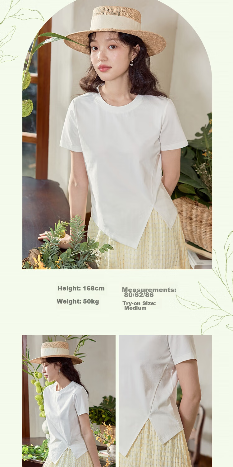 INMAN INMAN [Runway Style] Suolona Round Neck Solid Color T-Shirt for Women, Summer 2026 Irregular Top, Crescent White, Size S 9
