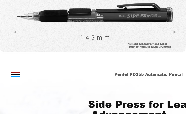 Pentel PD255 Side-Pressed Mechanical Pencil, 0.5mm Lead, Break-Resistant, for Student Drawing And Exams, with Eraser at The End, Red Barrel, Single Pencil 6