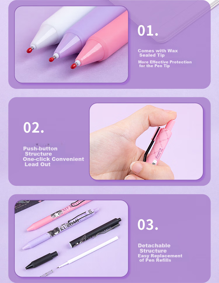 GuangBo Sanrio Gel Pens, 6 Retractable 0.5mm ST Tip Pens for Students' Exams And Writing, Black, Kuromi Design, High Aesthetic Value, Back-To Stationery, KT82028 9