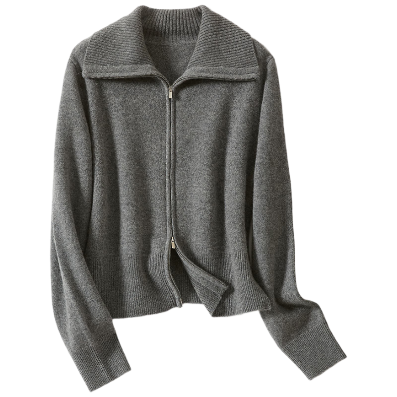 JINJU Thick 100% Wool Autumn Winter New Lapel Cardigan Sweater Jacket for Women Gray M