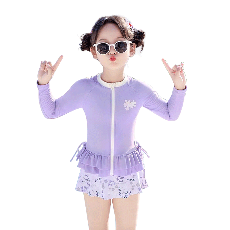 Huili Children's Swimsuit, Girls' Two-Piece Set, for Small to Large Kids And Toddlers, Suitable for Hot Springs And Swimming, Three-Piece Set, 35150 Purple, Size L