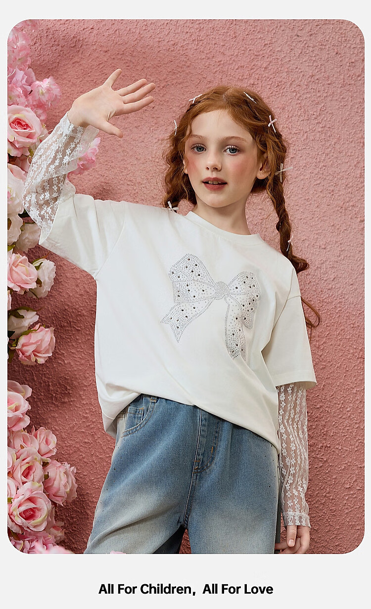 ASK JUNIOR Children's T-Shirt with Two Layers, Spring 2026 Girls' Butterfly Bow Lace Long-Sleeve Base Round Neck Top, Off-White, Size 130 13