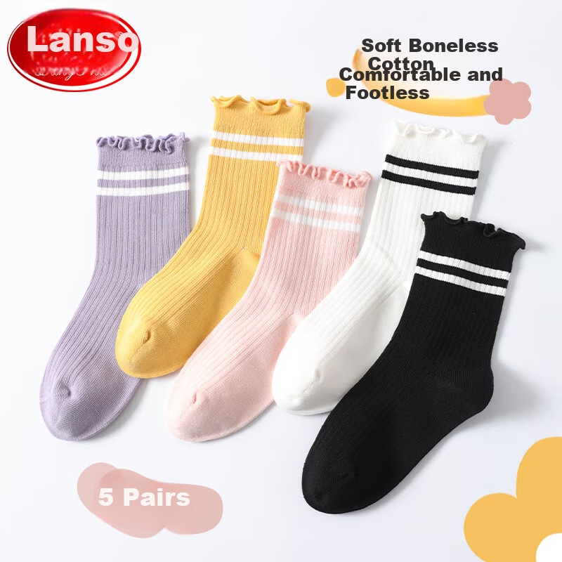 LangSha Children's Socks, Girls' Seamless Mid-Calf Cotton Socks, All-Season School Style, High-Elasticity Comfortable Anti-Pilling Socks for Older Children And Students