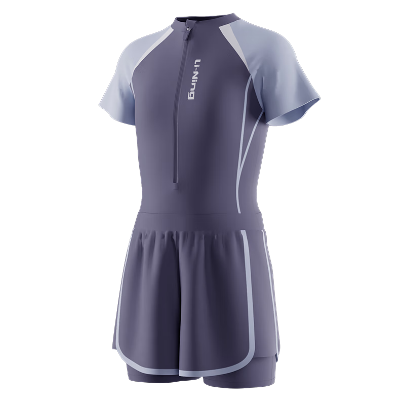 Li-Ning Children's Swimsuit, Girls' Color-Block Short-Sleeve One-Piece Swimwear, Conservative Casual Style, Swimming Costume 0051 Gray Blue 170