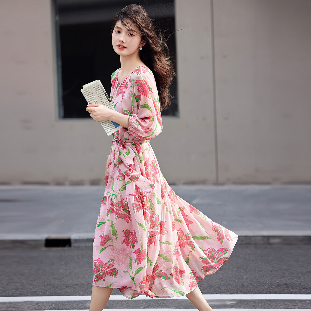 Dme [Go to The Beach for Vacation], Summer French-Style Lantern Sleeve, Large Print Tie, Chiffon Midi Dress for Wome