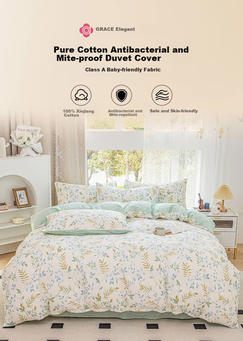 Grace Pure Cotton Class A 7A Antibacterial Duvet Cover, 100% Cotton Printed Double Bedding, Green Fairy Tale, 220*240cm 1