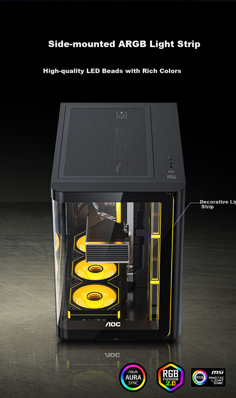AOC CG455 Black ATX Desktop Computer Case, Integrated Curved Tempered Glass, 10 Fan Positions, 360mm Water Cooling Support, Left And Right Compartment Separation, Quick-Release Desig 3