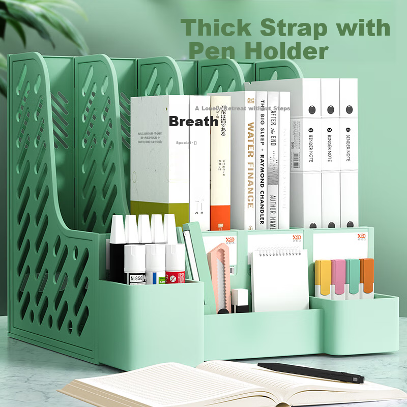 Xinshida File Organizer, Extra Thick Folder Shelf, Bookend, Office Desktop Standing File Storage Box, Basket for Organizing Documents And Materials, Four-Tier Multi-Layer Functional Pen Holder, Supplies, Gree