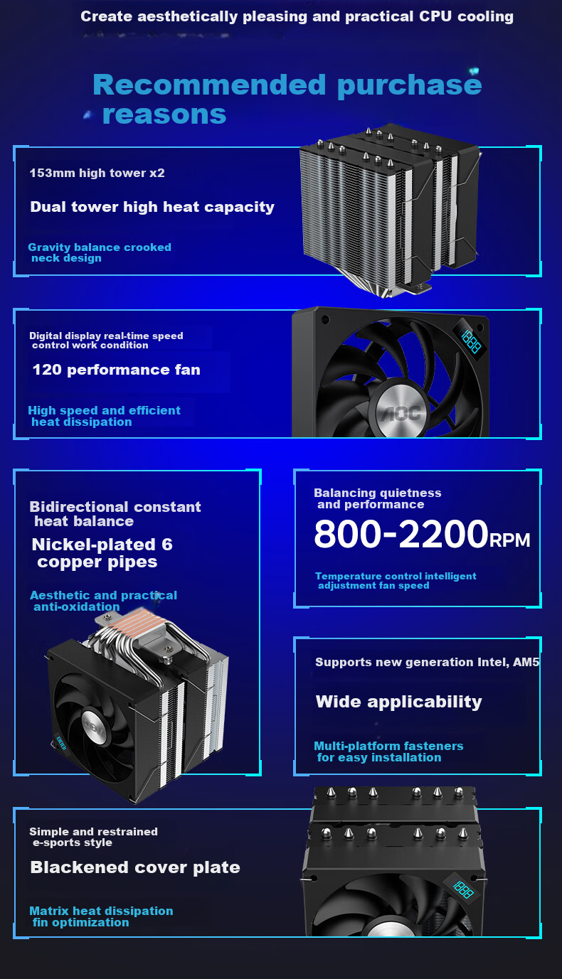 AOC T65B/93 Black CPU Air Cooler Frost Tower (Real-Time Speed Display/6 Heat Pipes/PWM Temperature Control 2200 RPM/Multi-Platform/Overclocking up to 260W) 2
