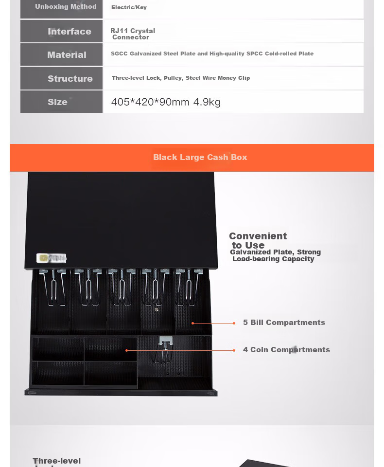 Meituan Black Large Cash Box, 5 Compartments for Bills + 4 Compartments for Coins, 3-Level Lock, RJ11 Crystal Connector, Cash Register, Money Box 3