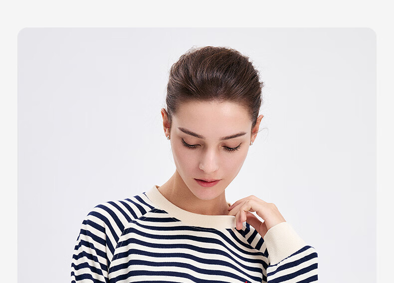 Navigare Women's All-Cotton Loose Long-Sleeve Sweatshirt, Striped Round Neck T-Shirt, 2315005501 17