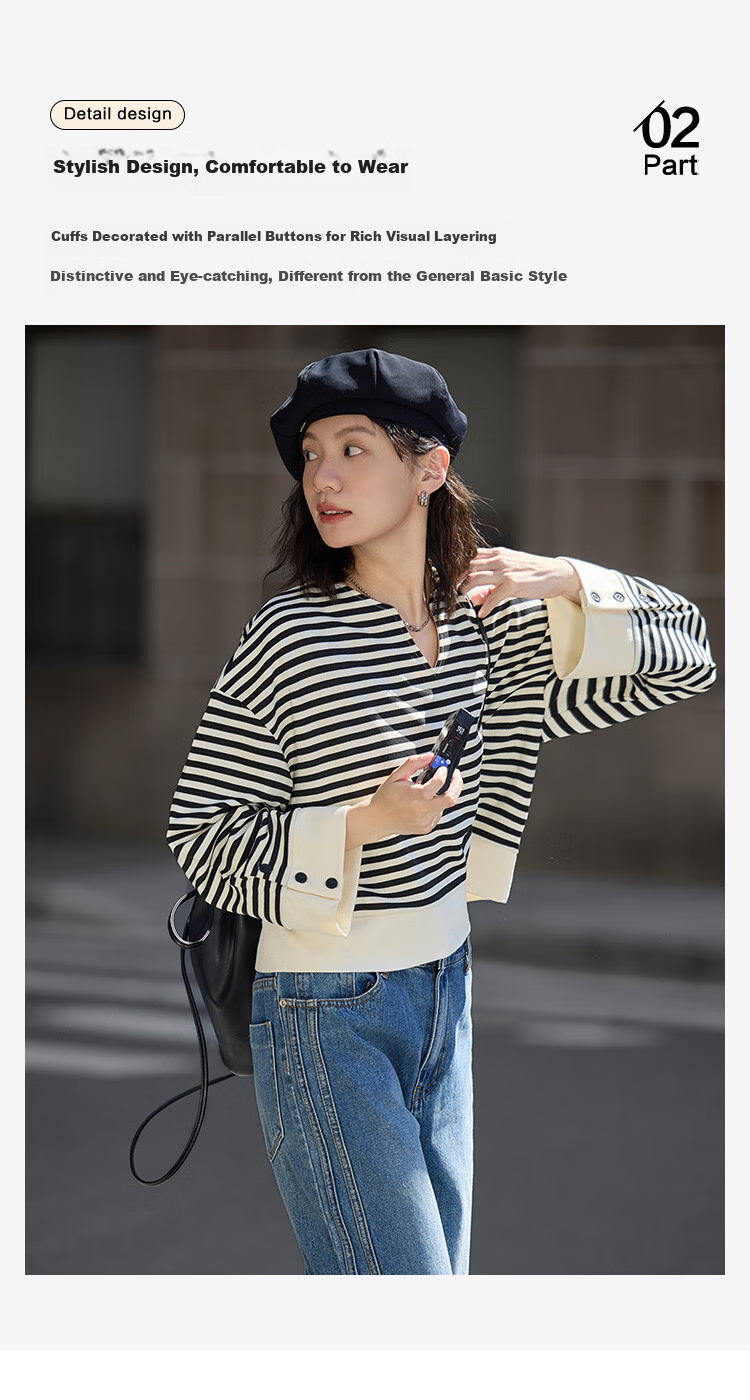 Dme Classic Black And White Color-Block Sweatshirt, Spring And Autumn Simple Design, Collar with Small V-Neck, Stylish Slit Desig 6