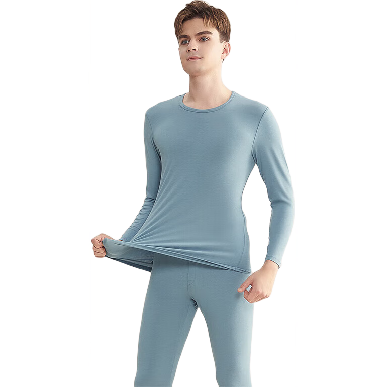Hodo Men's Underwear Autumn Thermal Set Modal Cotton 40S High-Elasticity Cloud-Feel Base Layer Set, Misty Blue, 175/100