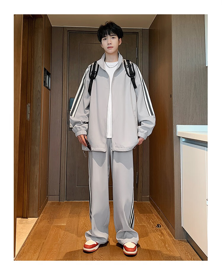 Dingfengbaoluo Men's Autumn Winter Sports Casual Set Trendy Stand Collar Zip-up Jacket Loose Fit Outfit K02 Starry Gray L 7