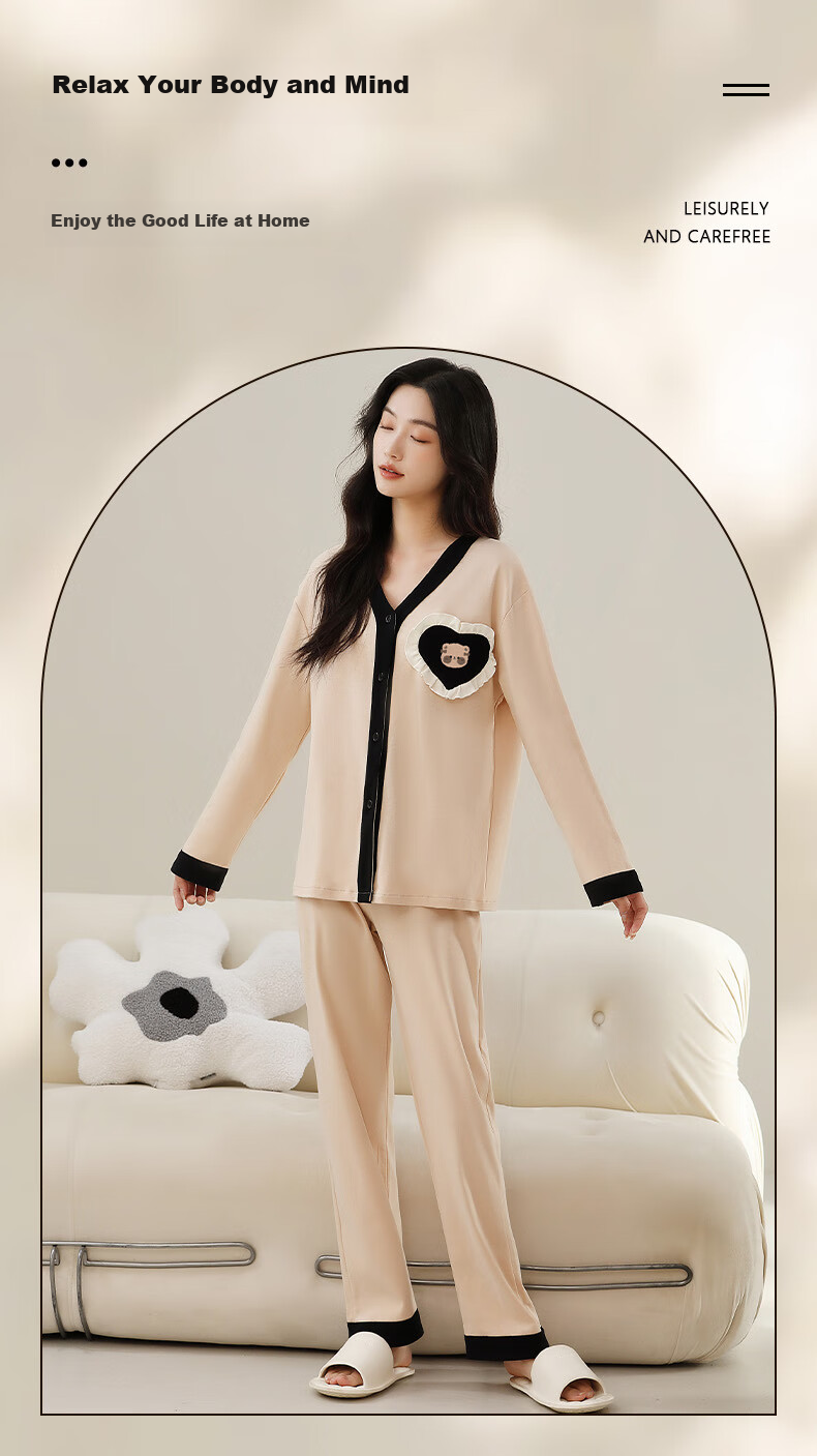 Yiershuang [100% Pure Cotton] Women's Pajamas, Spring And Summer Long-Sleeve V-Neck Cardigan, Printed Loungewear Set, Loose-Fitting for Outdoor Wear 1