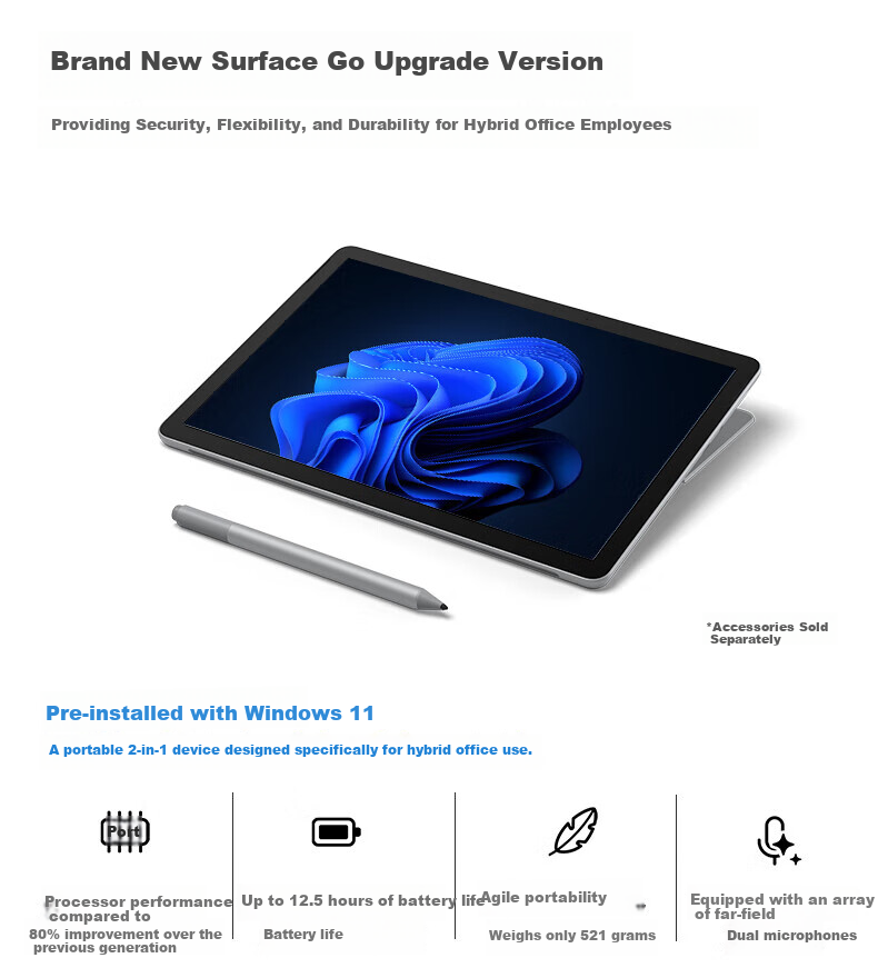 Microsoft Surface Go4 Commercial Edition, Two-In High-Performance Tablet Laptop, N200-8G+64G, Bright Platinum, Single Tablet without Keyboard 2
