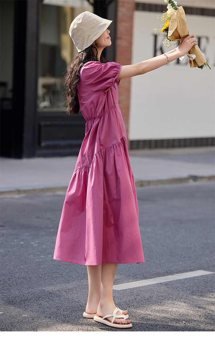 Dme [Puff Sleeve Ruched Dress] Summer Dopamine Sweet Style Round Neck Dress 12