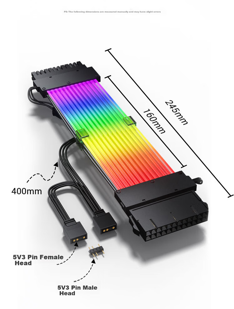 KELEPU Motherboard 24Pin Power Cable, Supports 500-800W, Dual Light Board Neon Cable, Illumination Wire, Neon Wire, 24P Male-Female Extension Cable, 245mm 12