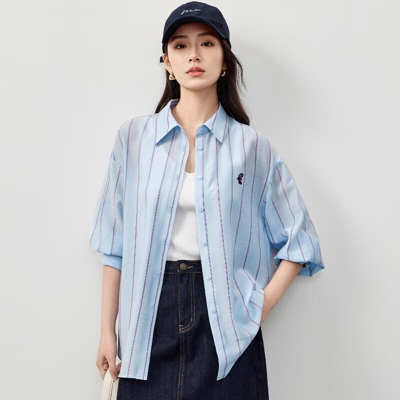 Sentubila Spring And Autumn Commuter Blouse for Women, Light Luxury High-End Slimming Shirt, Loose Long-Sleeve Thin Top, Blue Striped, L