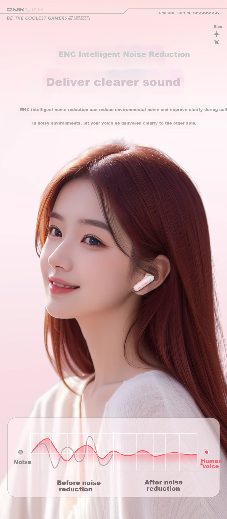 ONIKUMA True Wireless Bluetooth Earphones, Semi In-Ear Style, Cute for Women, Music, Sports And Gaming Headphones, Noise Reduction, Low Latency, Long Battery Life, Suitable for Apple And Huawei, Birthday Gift for Girlfriend 12