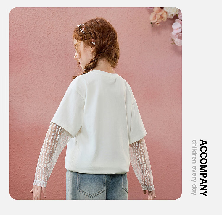 ASK JUNIOR Children's T-Shirt with Two Layers, Spring 2026 Girls' Butterfly Bow Lace Long-Sleeve Base Round Neck Top, Off-White, Size 130 8