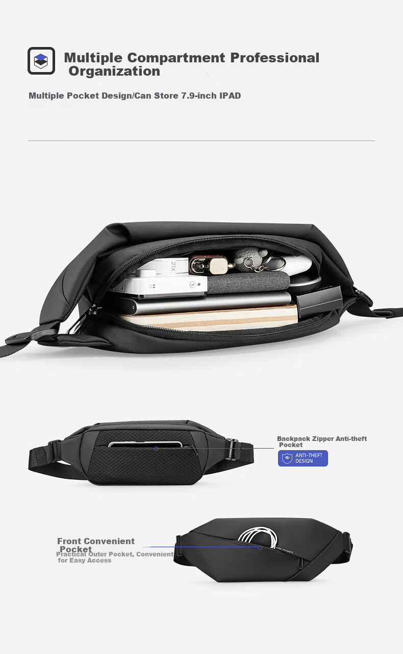 MARK RYDEN Men's Single Shoulder Bag, Motorcycle Crossbody Backpack, Sports Trendy Chest Bag, Cycling Waist Pack, Phone Bag MR5860 Elegant Black 6