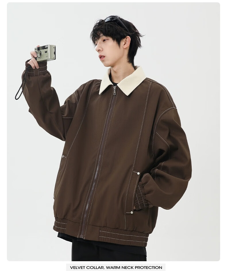 Wassup Sohot Men's Jacket, Spring And Autumn American Workwear Style Coat, Trendy Loose-Fit Lapel Outerwear for Men, Black, Size M 11