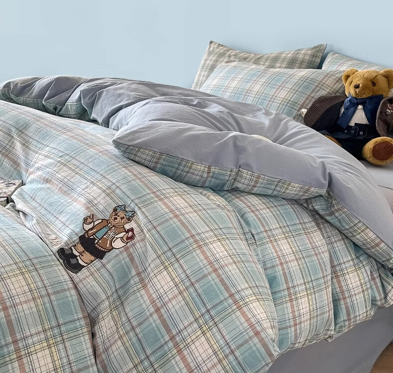 Teenie Weenie Cotton Bedding Set, Pure Cotton Class A 100% Cotton Washed Bed Sheet, 1.8m Double Bed Duvet Cover, Casual College Style 18
