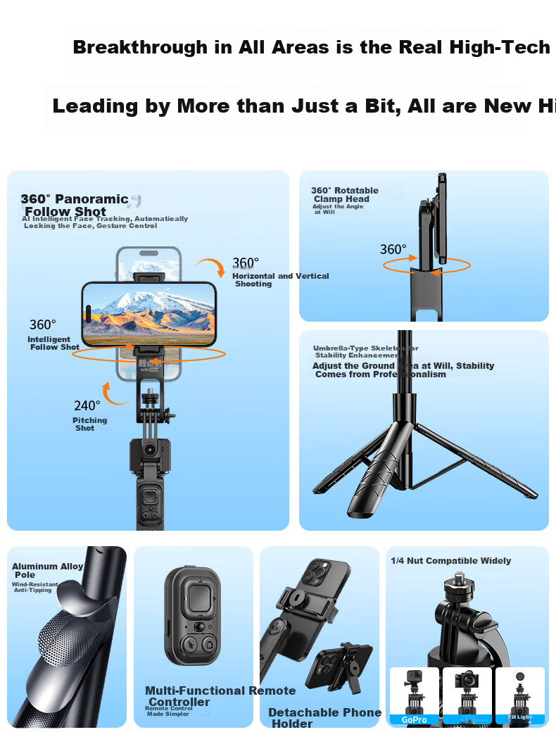 SelfieShow C17 Upgraded Version [TT07], Live Streaming Face Tracking Selfie Stick, New AI Integrated Gimbal Phone Mount, Four-Axis Anti-Shake, 360-Degree, Compatible with DJI Pocket 3 4
