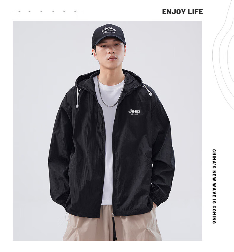JEEP SPIRIT Men's Sun Protection Jacket, Summer UV-Resistant Breathable Lightweight Coat, Casual Outerwear, Black, XL 8