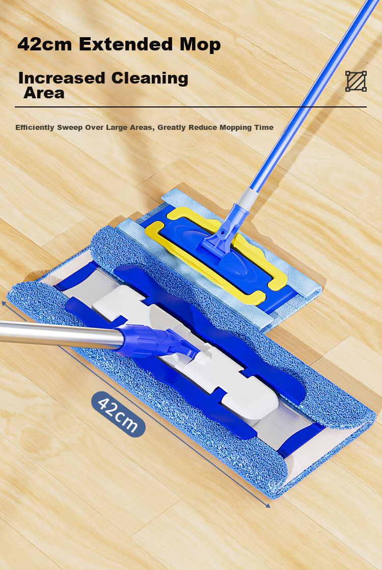 MR.SIGA Flat Mop, 42CM with 2 Cloths, 135CM Stainless Steel Handle, No-Hand Thickened Absorbent Mop Cloth 7