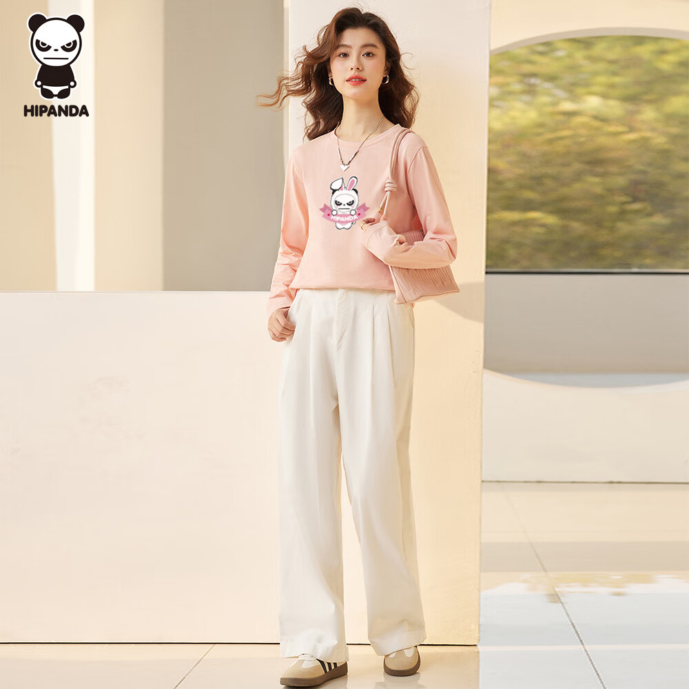 HIPANDA Hello Panda Long Sleeve T-Shirt for Women, Spring And Summer Pure Cotton Fashionable Printed Soft Slim Fit Inner Layer Base Gray Pink L