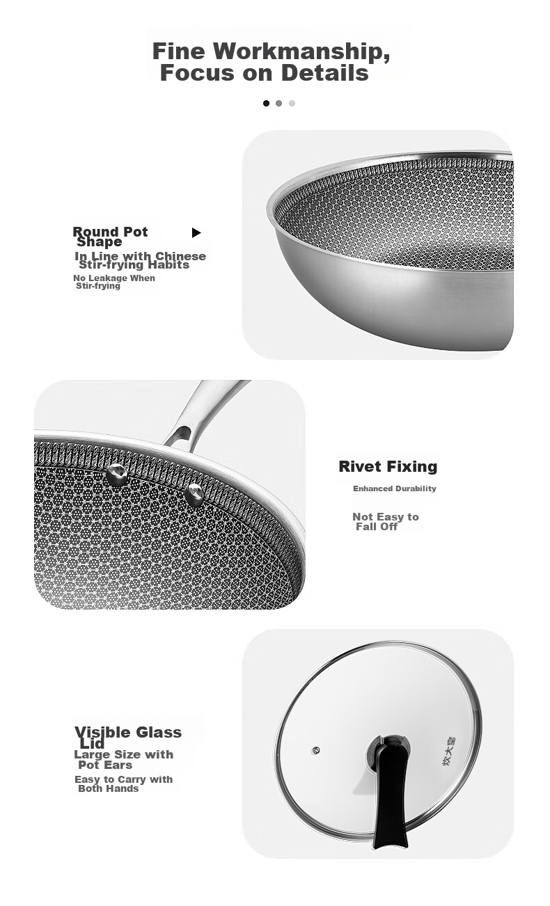 COOKER KING Wok, Honeycomb Pattern 304 Stainless Steel Flat Bottom Non-Stick Wok, Double-Sided Screen Wok, 34CM 19