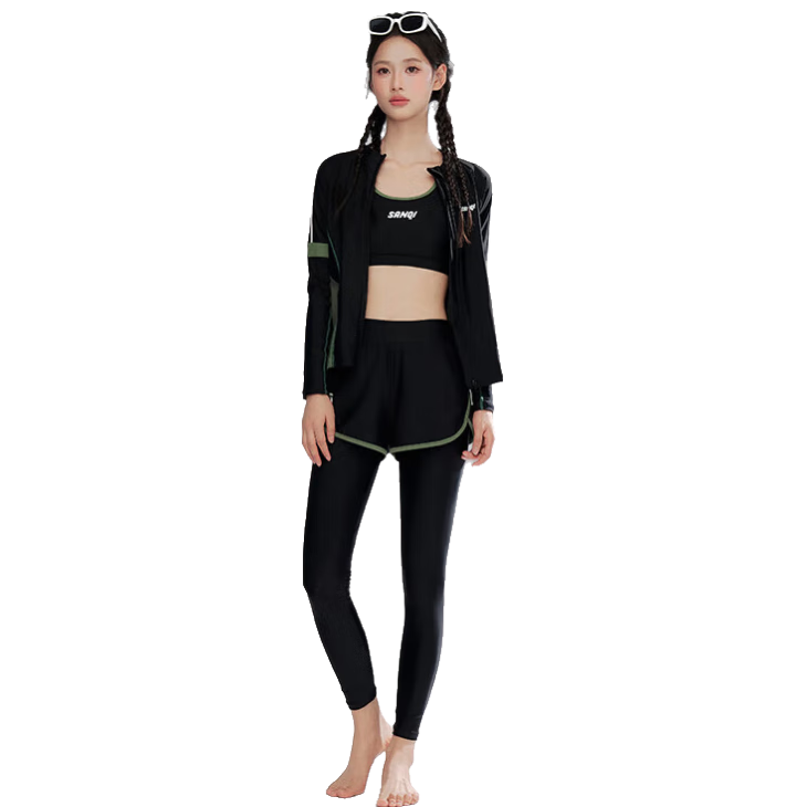 Sanqi Women's Long Sleeve And Pants Two-Piece Swimsuit Set, Five-Piece Surfing Suit, Snorkeling Wetsuit, Plus Size Conservative Hot Spring Swimwear L