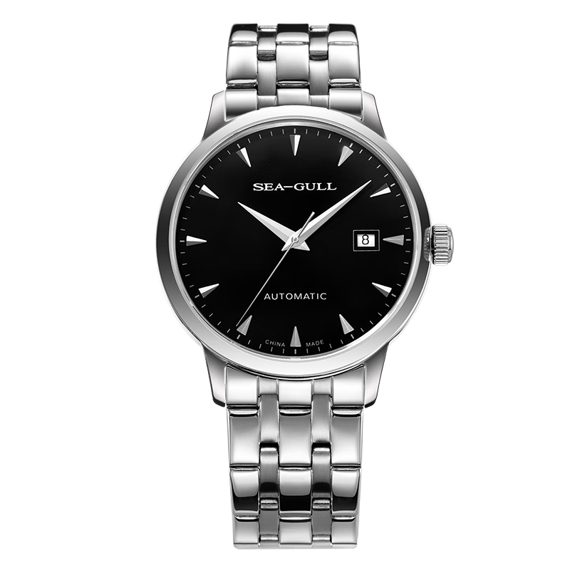 SEAGULL Men's Automatic Mechanical Watch with Date Display, Steel Strap Men's Watch, Birthday Gift for Men, Model 6613 with Black Dial And Rhodium-Plated Hands
