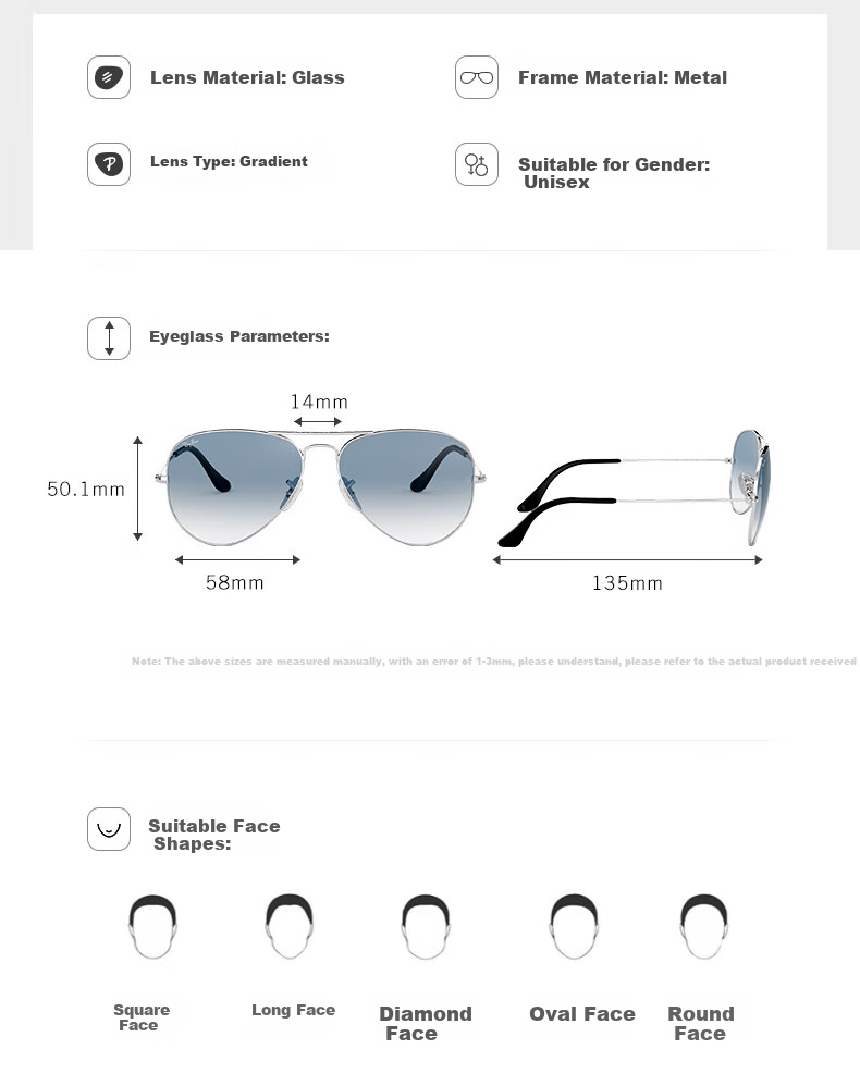 RayBan Men's And Women's Aviator Series Sunglasses, Retro Gradient Color, Fashionable High-End Look, 0RB3025, Gift 2