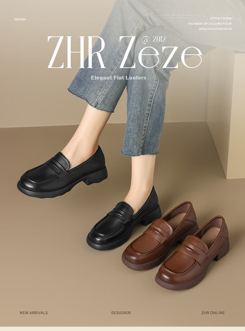 ZHR Top-Grain Leather Loafers for Women, Academic Style Chunky Heel Pumps, Comfortable Versatile Thick-Soled Leather Shoes KL01 Black Size 35 1