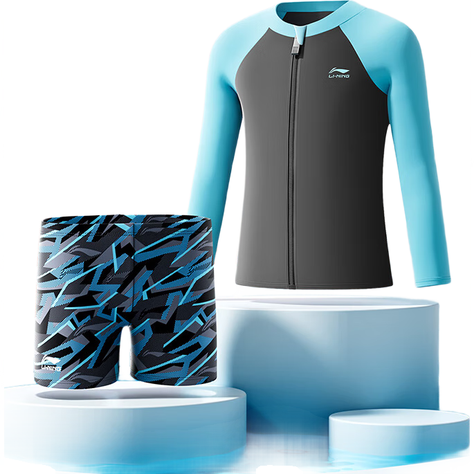 Li-Ning Children's Swimwear, Boys' Long-Sleeve Sun Protection Two-Piece Swimsuit And Swim Trunks, Hot Spring Swimming Gear, 8772 Blue-Gray, Size 160