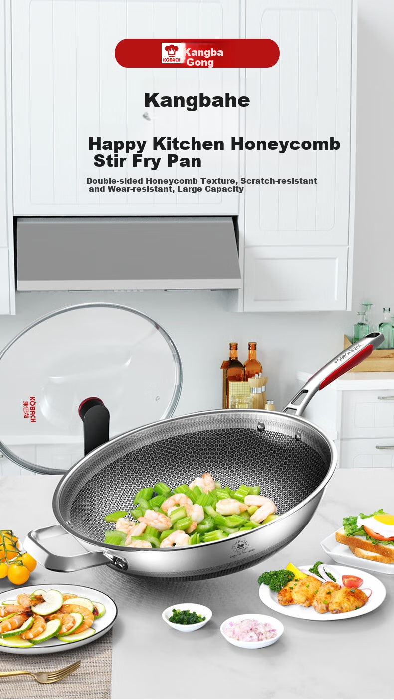 KOBACH Non-Stick Wok, 316L Stainless Steel Frying Pan, 34cm Extra Large Size, Low Smoke, Flat Bottom, Suitable for Gas And Induction Stoves 1