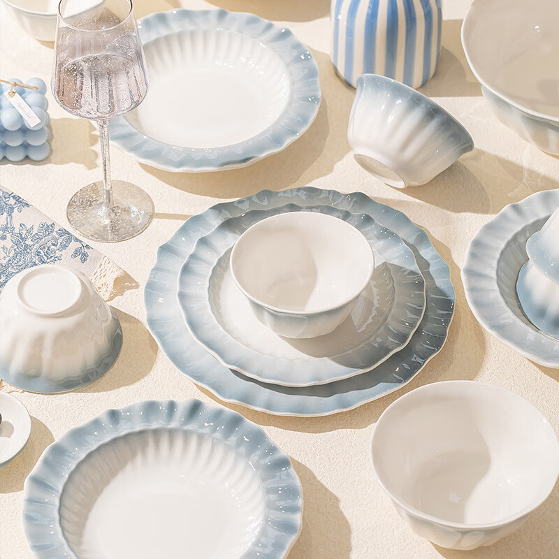 Chudi Tableware Set for Home Use, Cream-Colored Stylish Bowls And Plates, Yunjianlanyi 18-Piece Set [Gift Box Packaging]