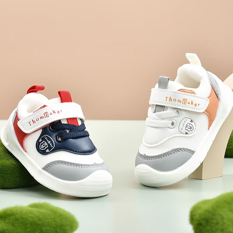 ThomBaker Toddler Shoes Spring And Autumn Style, Baby Walking Shoes for Boys And Girls, Functional Breathable Non-Slip Footwear, White And Red, Size 19 3