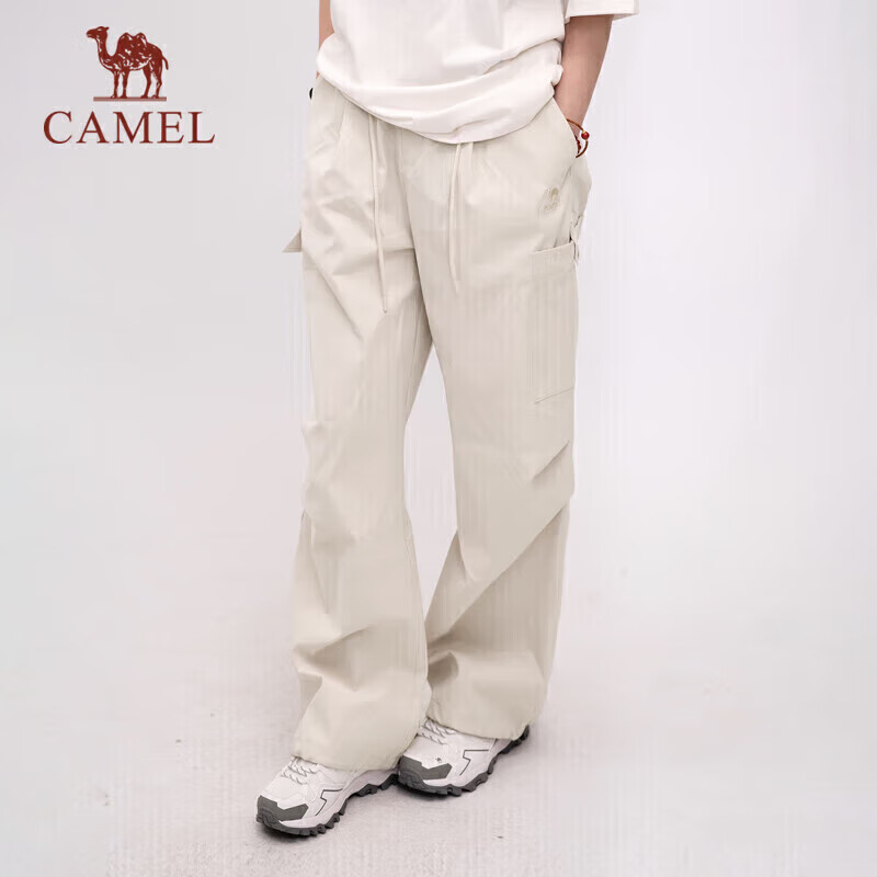 CAMEL Functional Cargo Parachute Pants, Unisex Drawstring Wide-Leg Trousers, 733CAYL6016C6, Light Frost White, L