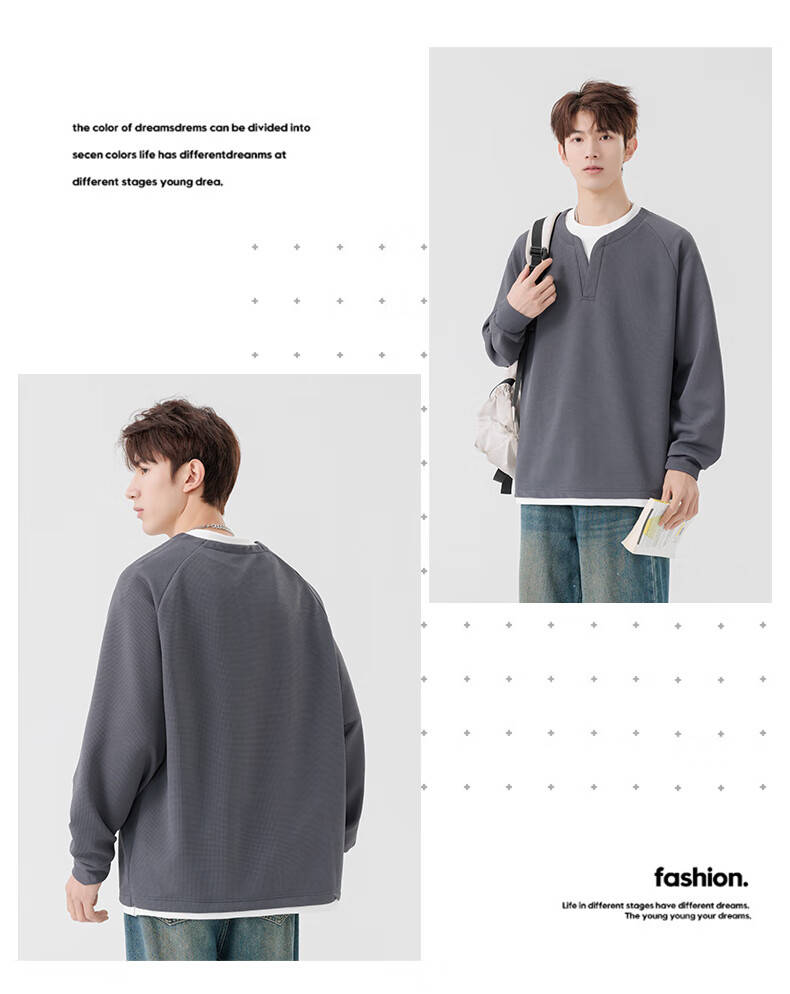 MMOPTOP Japanese-Style Color-Block Faux Two-Piece Crew Neck Sweatshirt, Spring And Autumn Men's Loose Comfortable Top, MWY15 Black XL 16